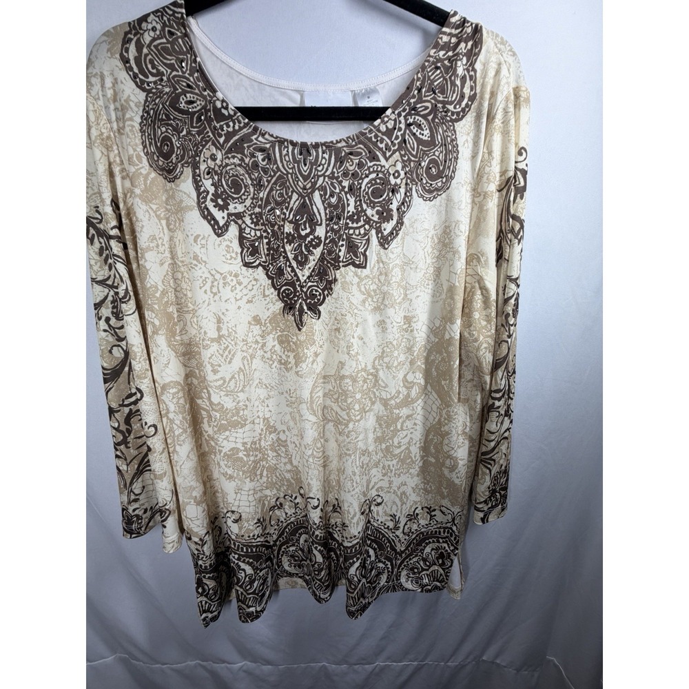 Alfred Dunner Top Medium M Beige Brown Paisley Embellished Beaded Long Sleeve
